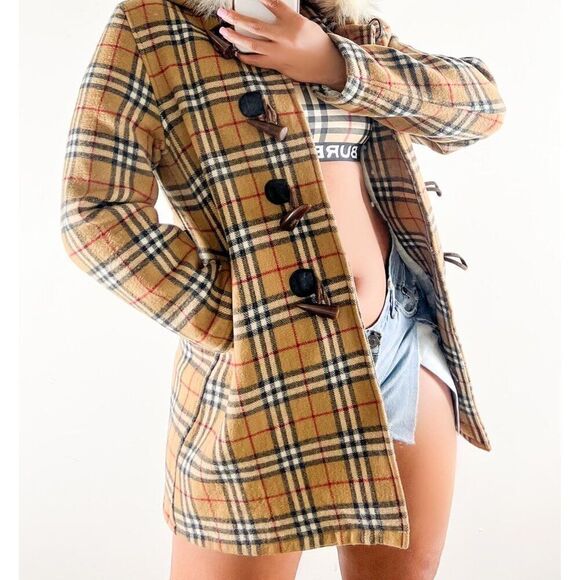 Authentic Vintage BURBERRY Beige Nova Check Wool Hooded Peacoat Size L - Picture 16 of 16